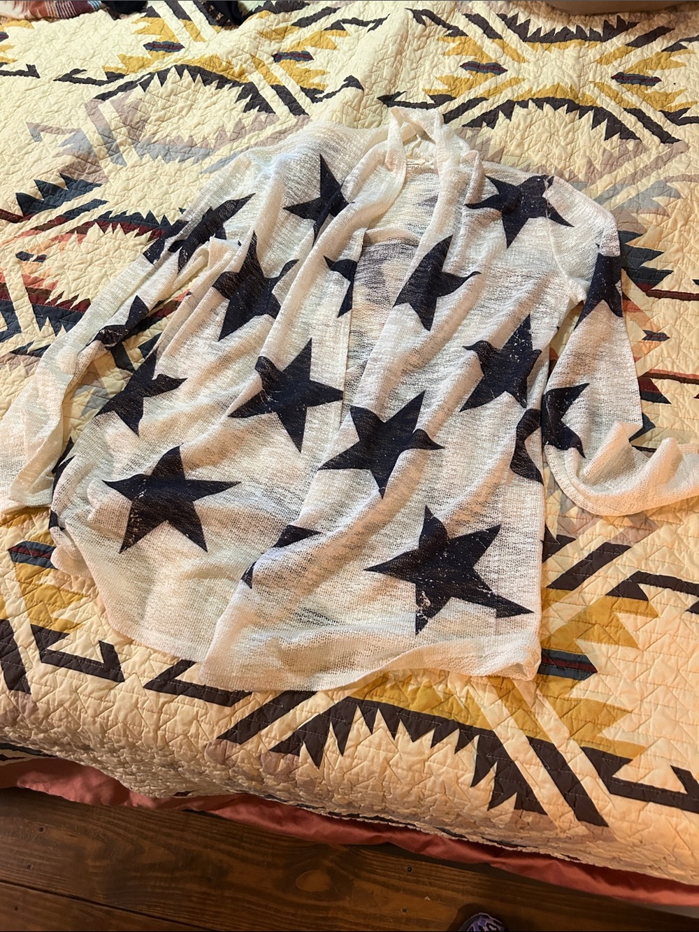 Lightweight Star Print Cardigan Sweater - White with navy Stars